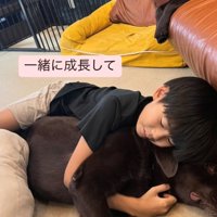 家の中で犬を抱きしめながら眠る子ども