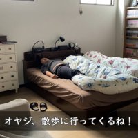 ベッドでお見送りするパパさん