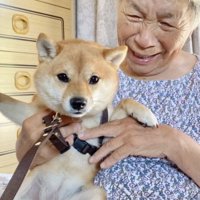 犬を抱いてほほえむ人