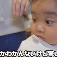 犬におやつを食べてもらえて、驚いた表情になる赤ちゃん
