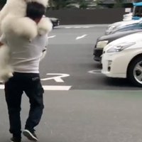 犬を抱っこするパパ