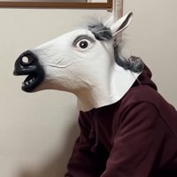 馬の被り物をして犬を見つめる飼い主