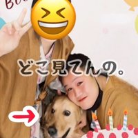 飼い主たちに囲まれている犬のプリクラ写真