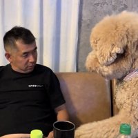 人のそばに前足を置く犬