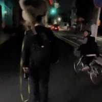 犬を見る自転車の人