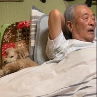 添い寝するおじいちゃんと犬