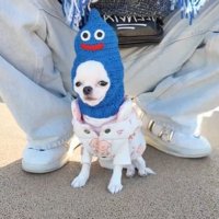 パパの足元に座るルミちゃん