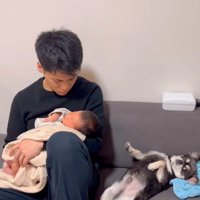 赤ちゃんを抱っこしている男性の隣で、お腹を出してくつろぐ犬