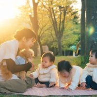 女性の膝の上に座って、3人の赤ちゃんを見つめる犬