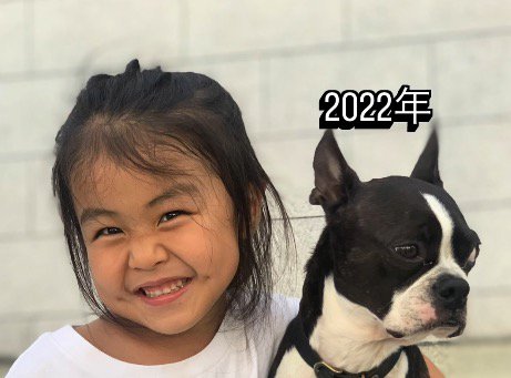 笑顔で写真に撮られる女の子と、視線を逸らす犬