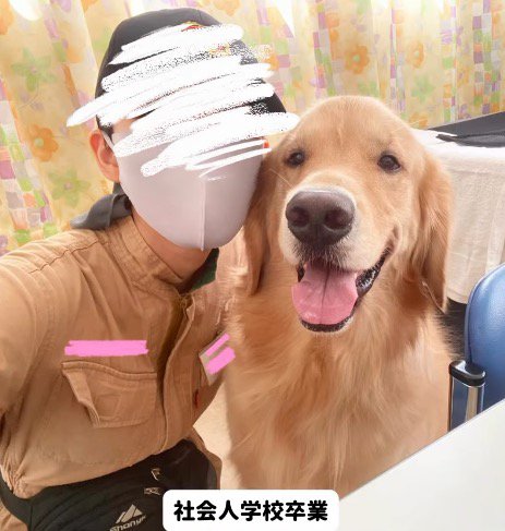 訓練学校の犬と写真を撮る飼い主