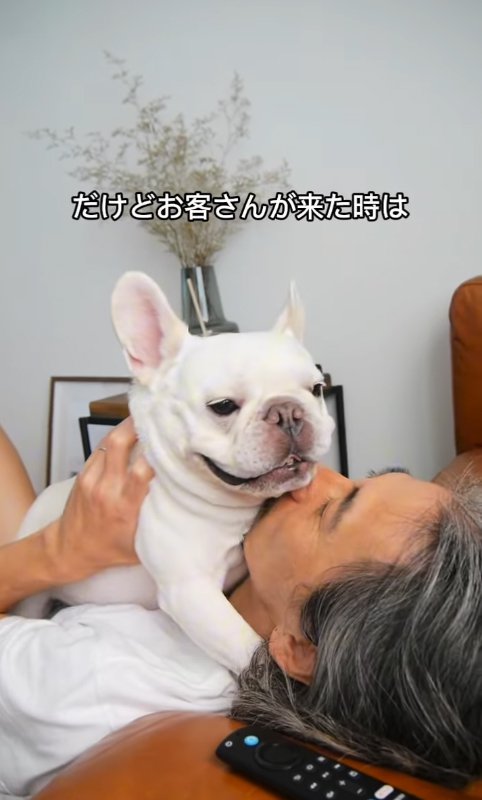小型犬を抱っこするお父さん