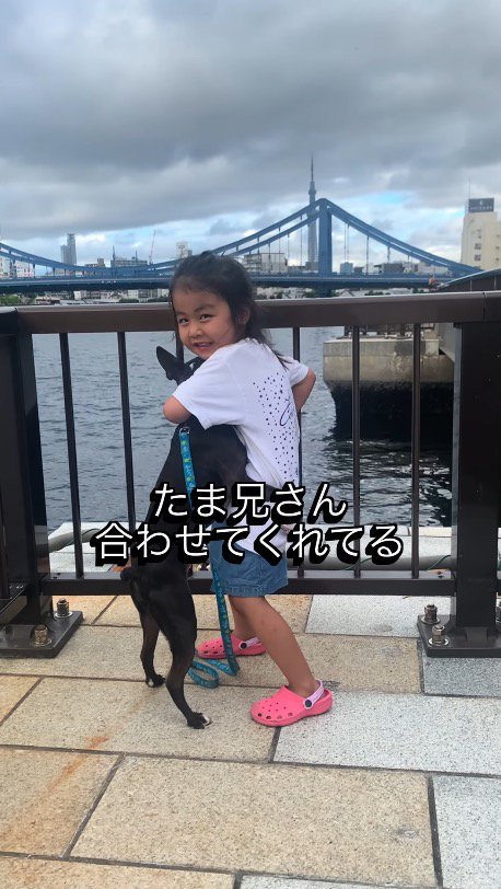 後ろ足で立ち上がった犬とハグをする女の子
