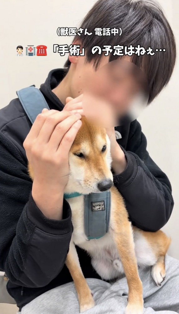 抱えられながらうつむく犬