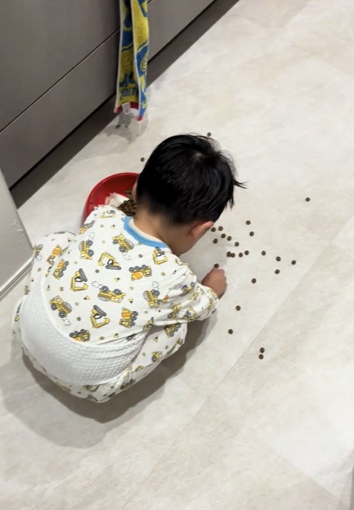 床にしゃがみ込む子ども