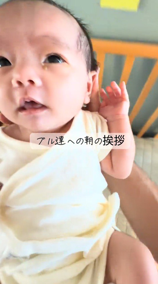 赤ちゃんを抱っこしてリビングへ向かう飼い主