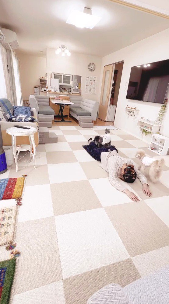 飼い主の足の間に乗る黒い犬