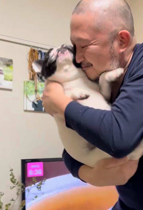 小型犬を抱きしめる飼い主