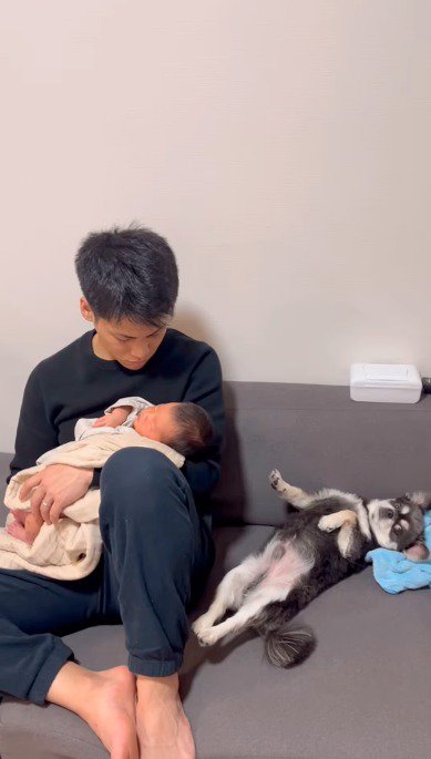 赤ちゃんを抱っこしている男性の隣で、お腹を出してくつろぐ犬