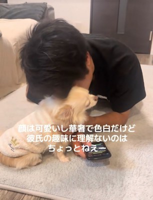 犬に頭を擦り付ける彼氏