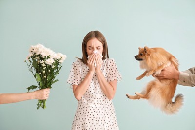 犬と花を差し出されてくしゃみがでそうな女性