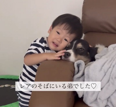 犬の隣で笑顔を見せる子ども