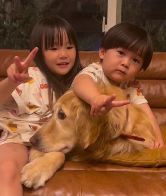 ソファに1頭の大型犬と2人の子供
