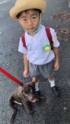 登園前の服装で犬と並んでいる子ども