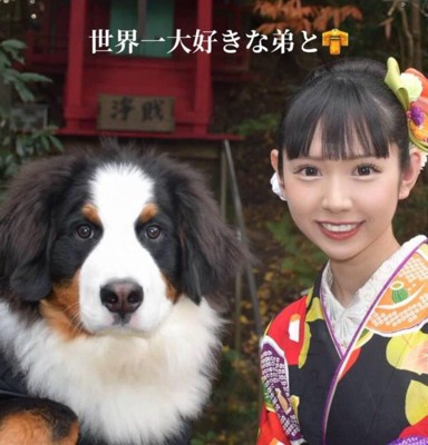 カメラを見つめる子犬と女性