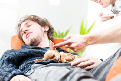男性の上で熟睡する犬