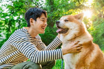 犬を撫でる男性