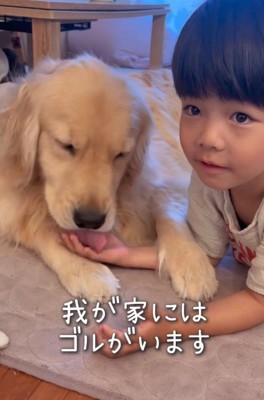 男の子の手を舐めるエルくん