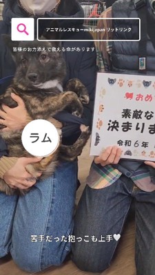 里親に抱かれる黒い犬