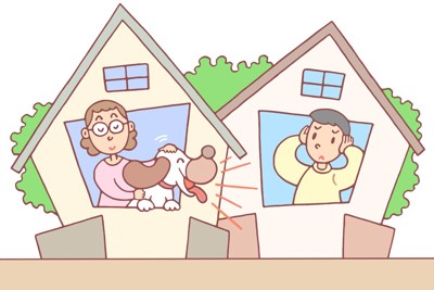 イラスト、吠える犬、耳をおさえる人