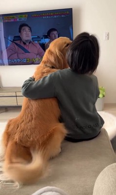 お兄ちゃんにくっつく大型犬