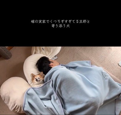 爆睡中の旦那さんと寄り添うアモちゃん