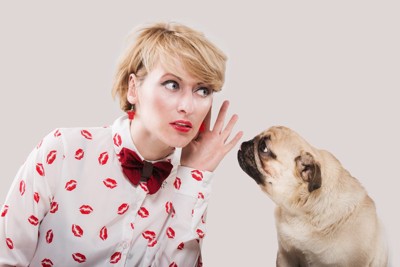 犬の声に耳を傾ける女性