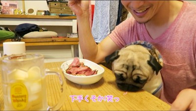 テーブルに落ちた肉を食べる犬