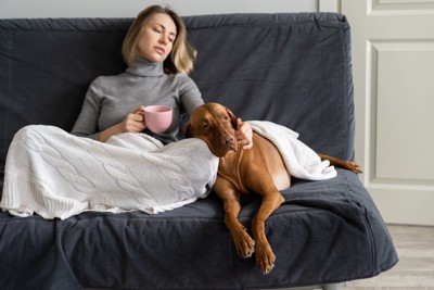 ソファで犬を撫でる暗い表情の女性