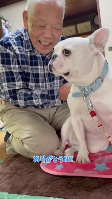 犬にお礼を言う男性