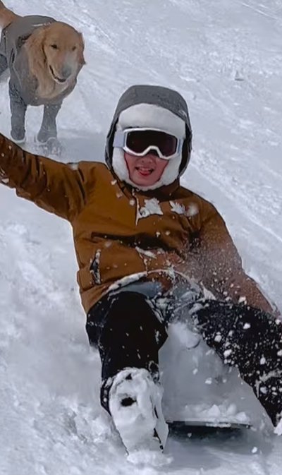 スキー場の子供と犬