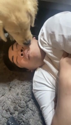 男性の顔をペロペロする子犬