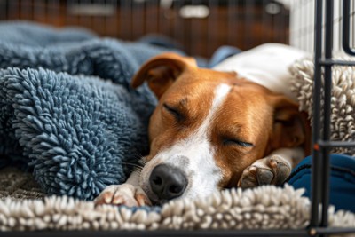 ハウスの中で眠る犬