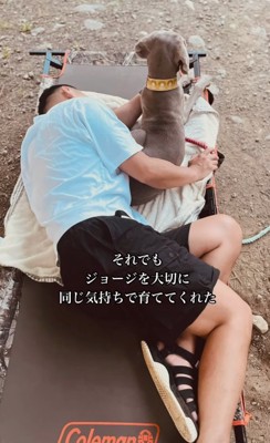 お外でのんびりする犬と男性