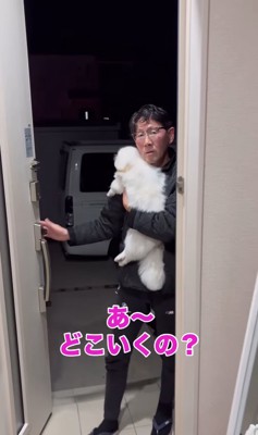 お父さんに抱っこされている犬（全身）