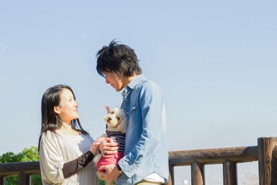 犬と向かい合う女性