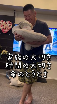 クッションにくるまれながら抱っこされている犬
