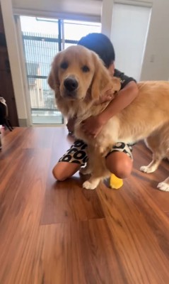 大型犬を抱きしめる長男