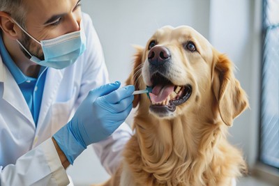 歯を診察中の犬