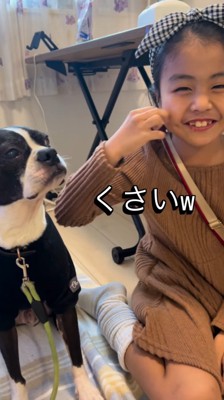 犬に舐められたところを拭きながら、笑顔になる女の子